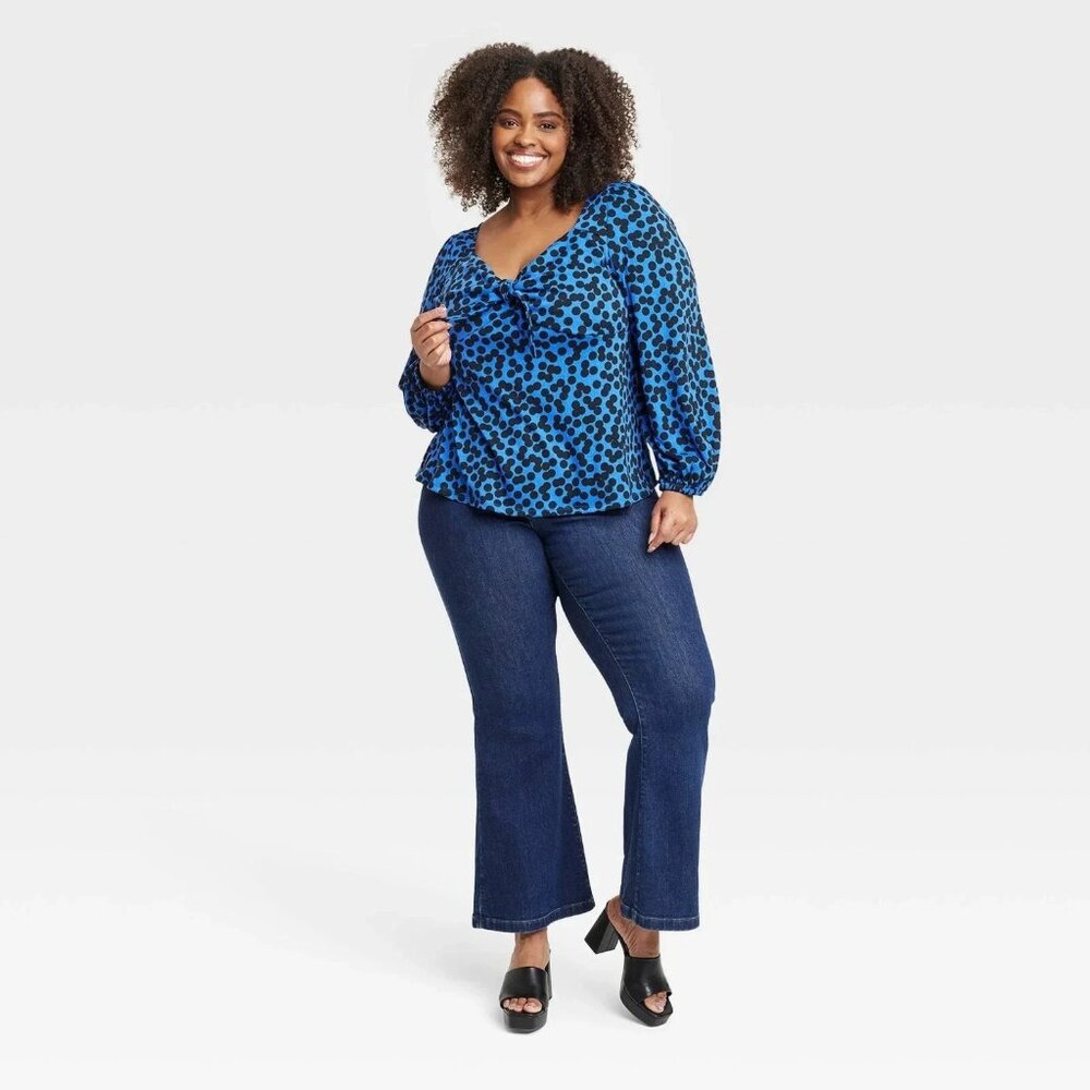 Ava &‎ Viv Plus Size 3X Women's Long Balloon Sleeve Tie-Front Shirt Polka Dot